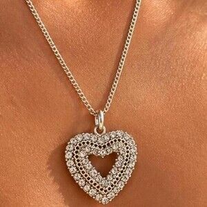 Rhinestone Open Heart Necklace Silver Tone Y2K Coquette